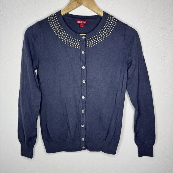 Merona Sweater Cardigans Blue & White Button Down Pearl Long Sleeve Womens Small - Picture 4 of 16